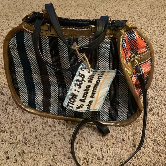 NWT Anthroplogie En Shalla Blue Plaid Crossbody tote bag w/ gold metallic trim - Picture 2 of 12